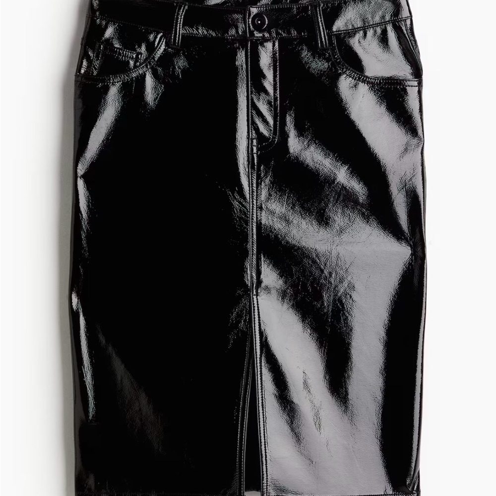 H&M Black Patent Pencil Skirt with Front Slit